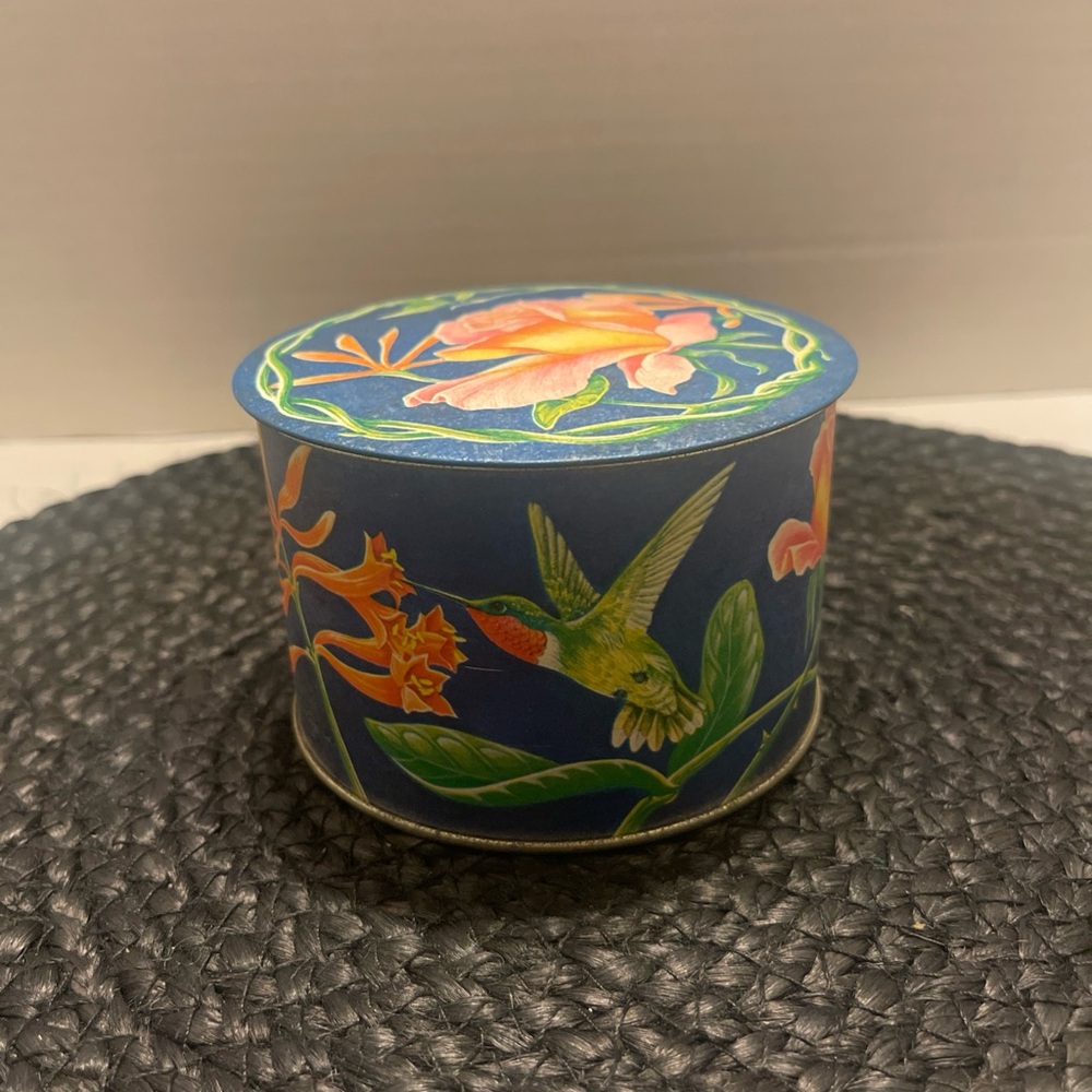 1978 Decorative Hummingbird Floral Tin Trinket Box - Blue